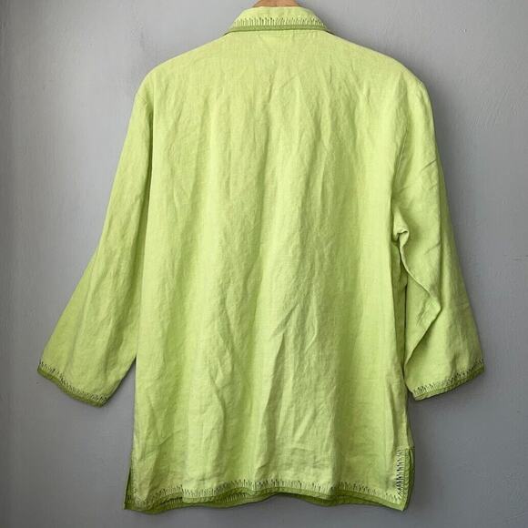 Chartreuse Linen Button Up Shirt Womens Size 14 Green Embroidered Beachy Chic - Picture 5 of 9